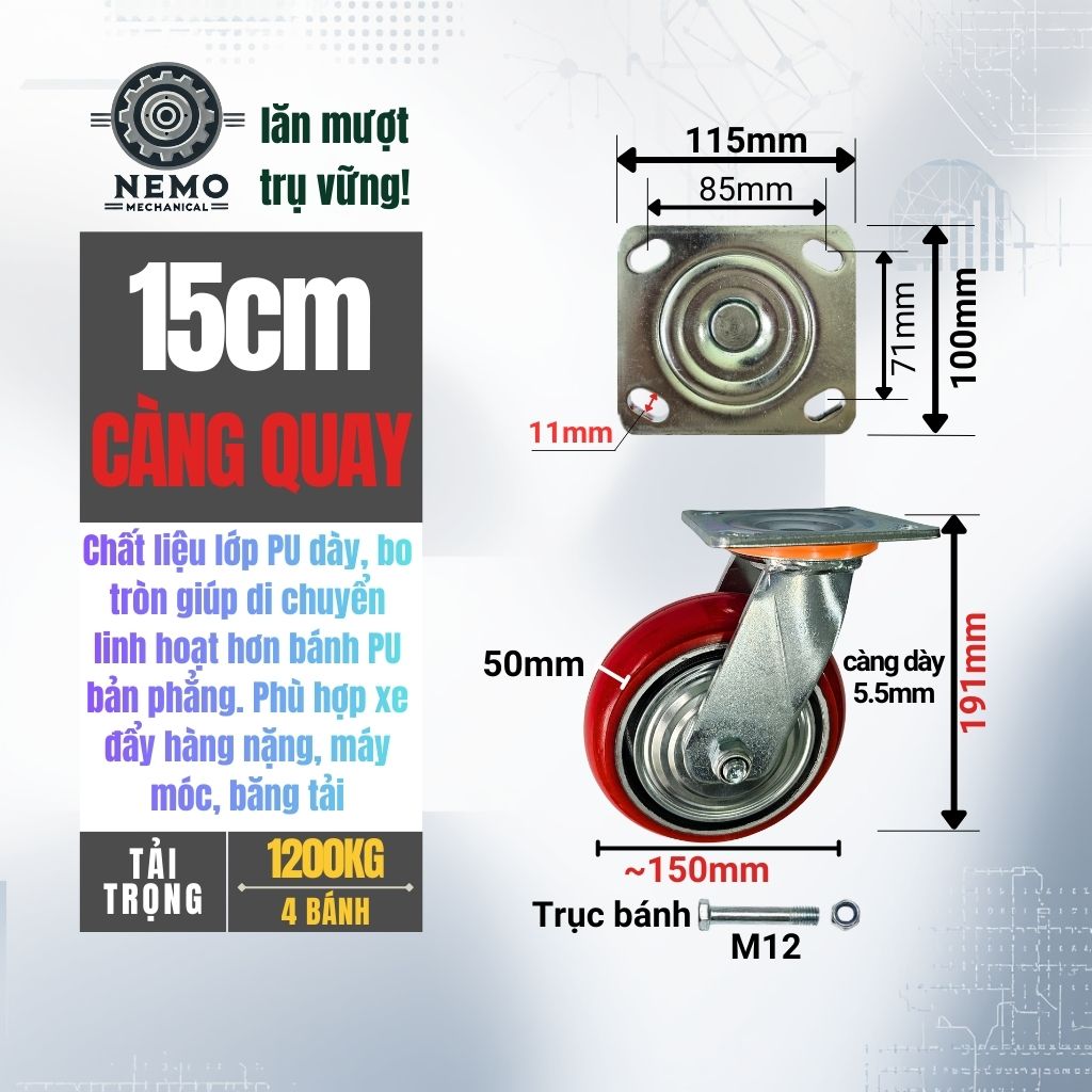 Bánh Xe PU Bo Tròn Tải Nặng – Kiểu Hàn Quốc, Xoay Hướng Linh Hoạt (D100 - D200)
